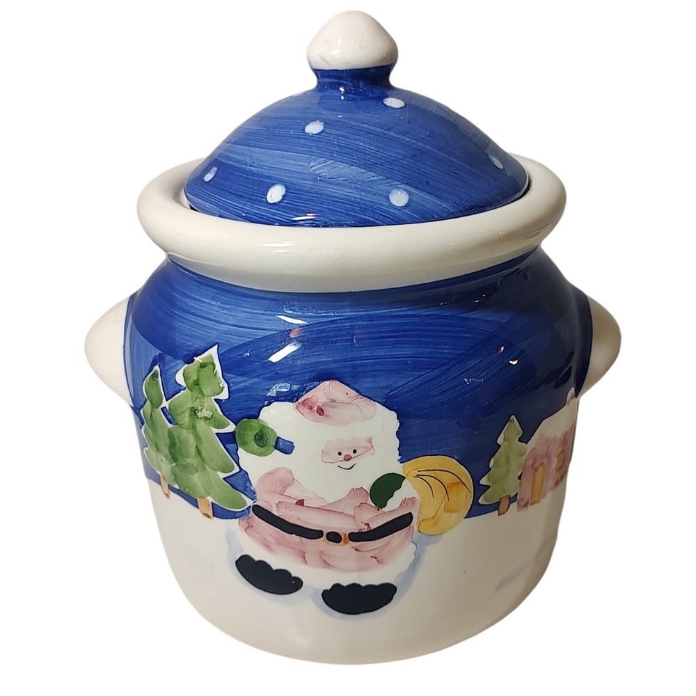Vintage Nantucket Cookie Jar Blue Hand Painted Holiday Santa Claus 8.5 In SEE‎